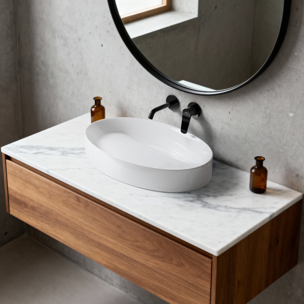 Jak urządzić wygodną i elegancką strefę umywalkową? Postaw na umywalki nablatowe z ukrytym odpływem i armaturę podtynkową Invena