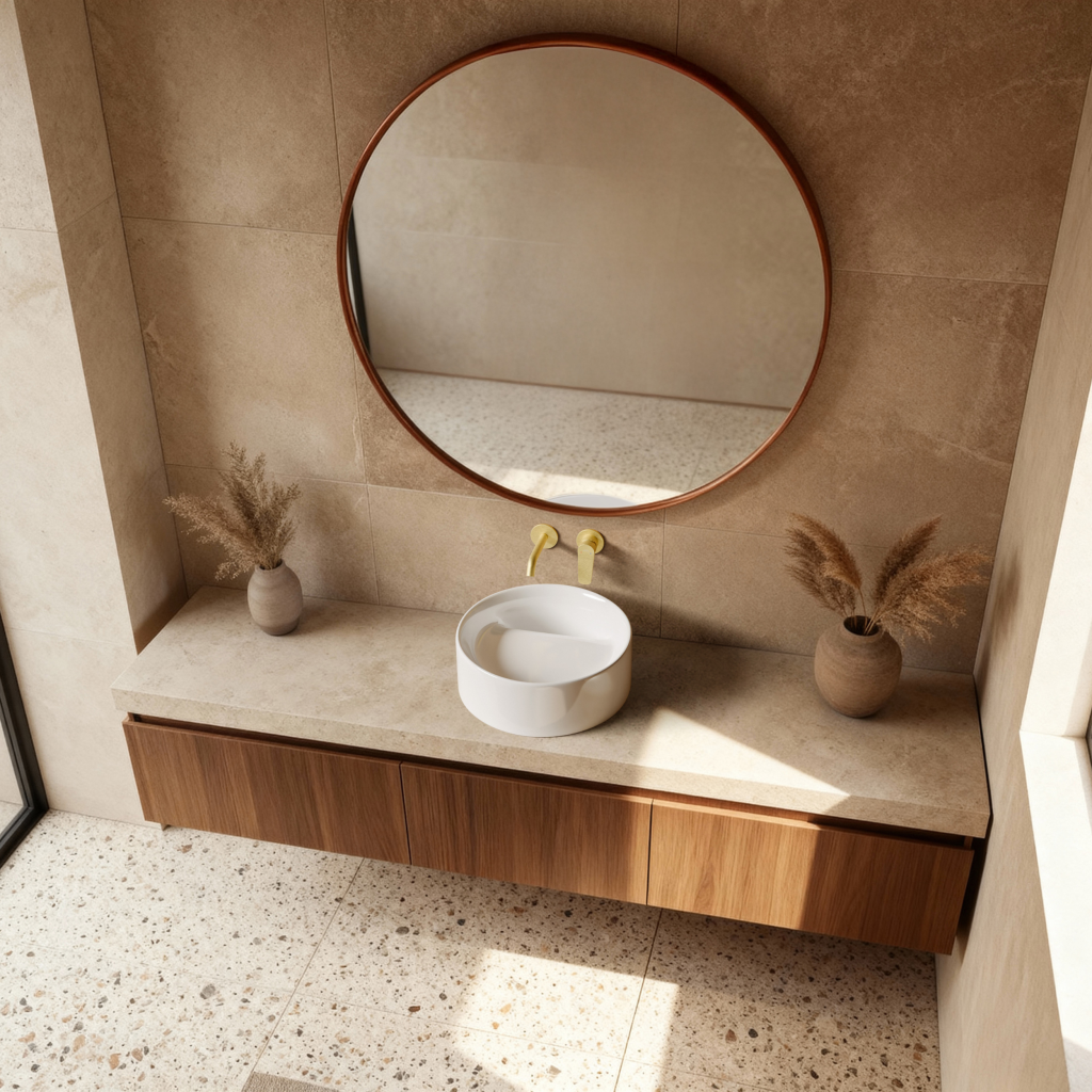 Jak urządzić wygodną i elegancką strefę umywalkową? Postaw na umywalki nablatowe z ukrytym odpływem i armaturę podtynkową Invena